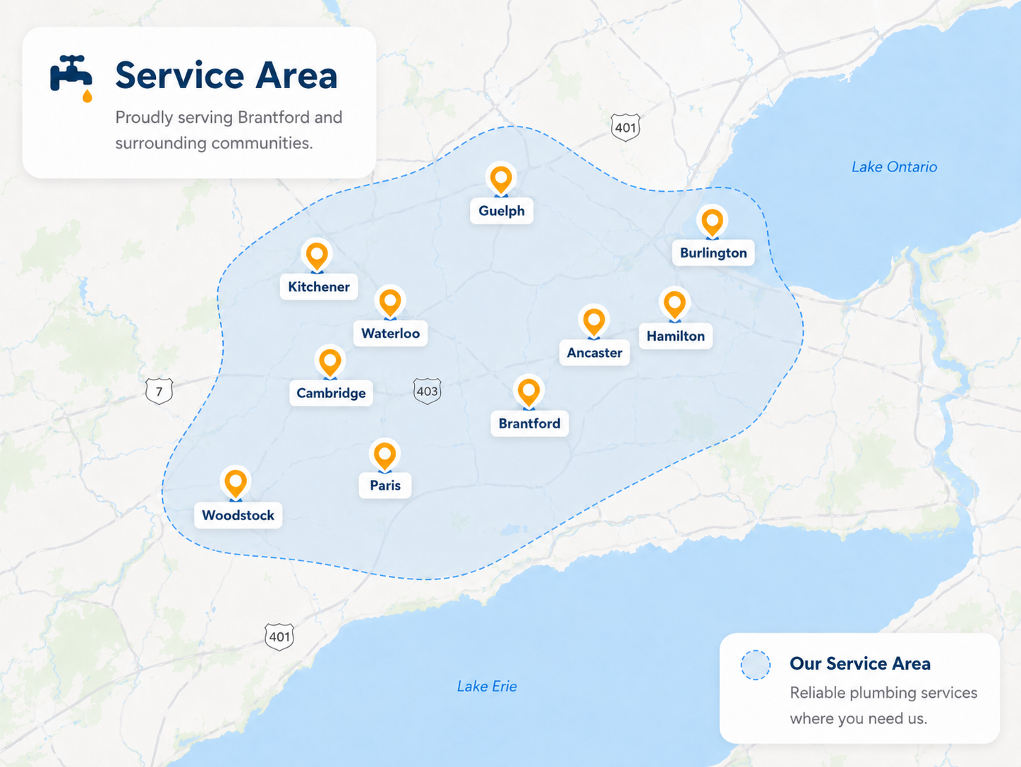 Map of the Drains Now Inc. core plumbing and drain service area, with pins on Brantford, Paris, Woodstock, Cambridge, Kitchener, Waterloo, Guelph, Ancaster, Hamilton and Burlington, Ontario